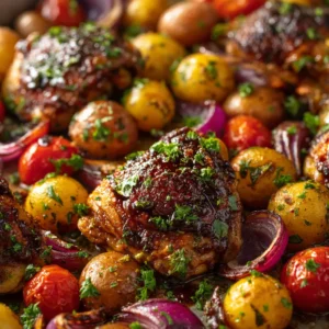 A close-up view of the balsamic chicken bake, showing the caramelized glaze on the chicken and tender roasted vegetables.
