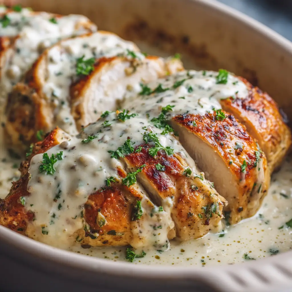 A piece of tender one-pan Caesar chicken on a fork, with a creamy sauce dripping off, ready to be eaten.