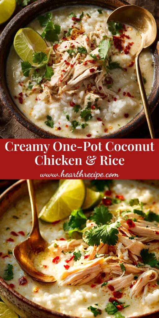 Coconut Chicken and Rice (Creamy, One-Pan Recipe) 4 A top-down view of creamy one-pan Coconut Chicken and Rice in a skillet, garnished with fresh cilantro and a lime wedge. The perfect easy weeknight dinner recipe.