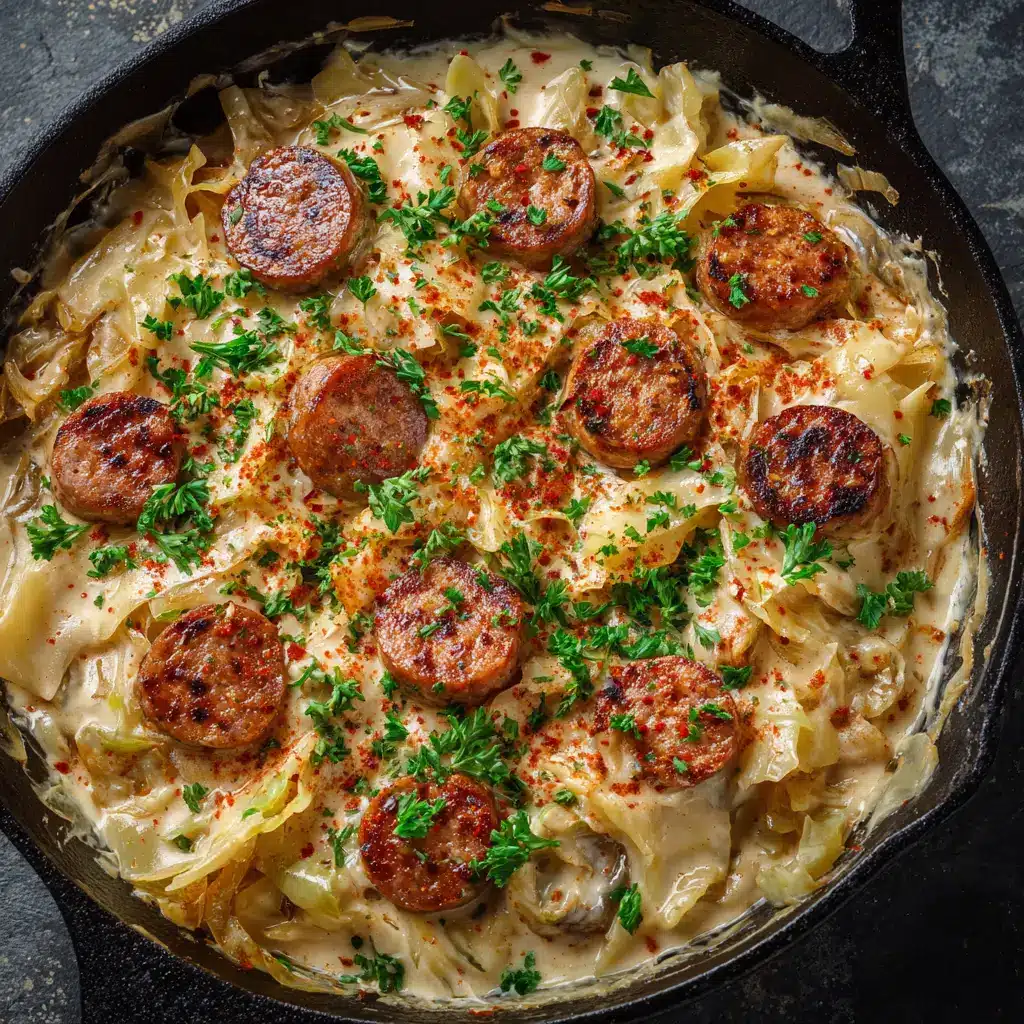 A rustic cast iron skillet filled with the finished keto sausage and cabbage meal, ready for serving.