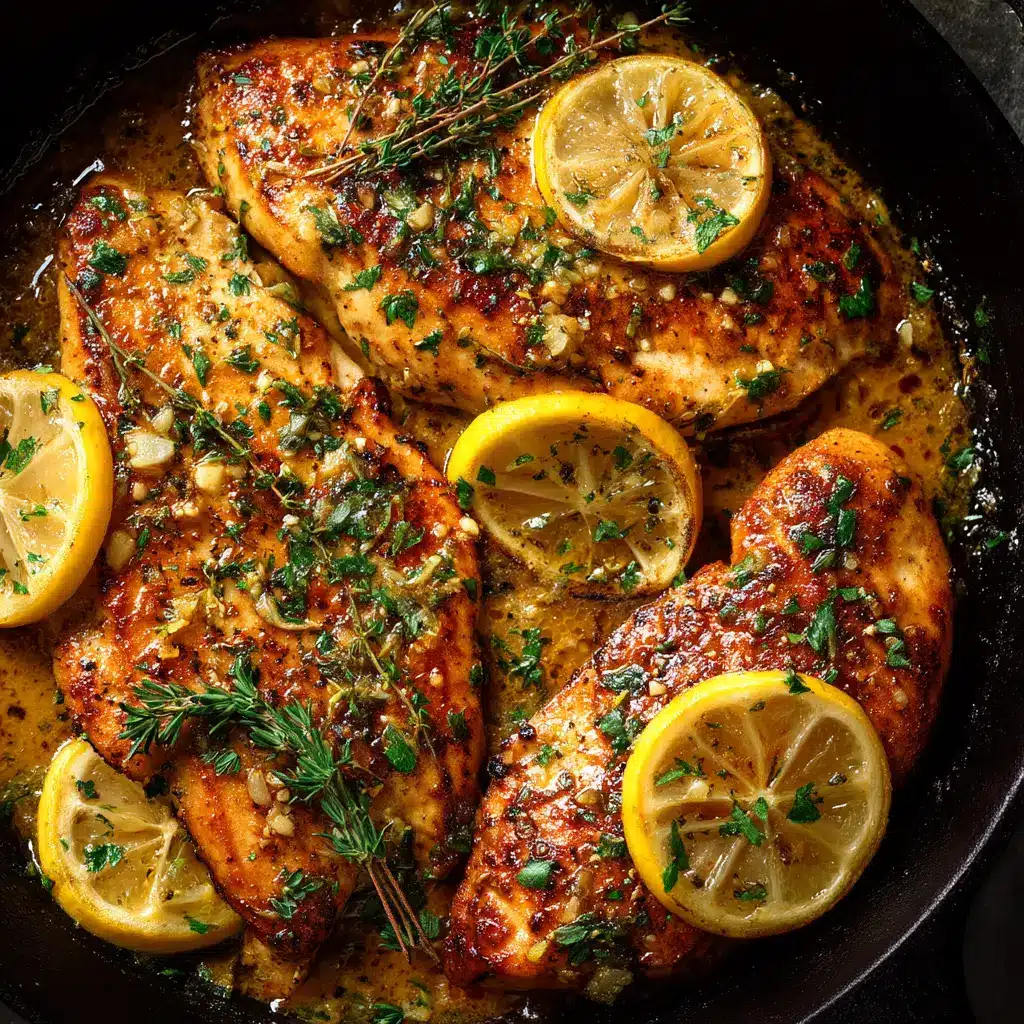 Lemon Garlic Chicken Skillet: The Ultimate 30-Minute Recipe 1 A skillet with cooked lemon garlic chicken, showing the simmering butter sauce and fresh parsley garnish.
