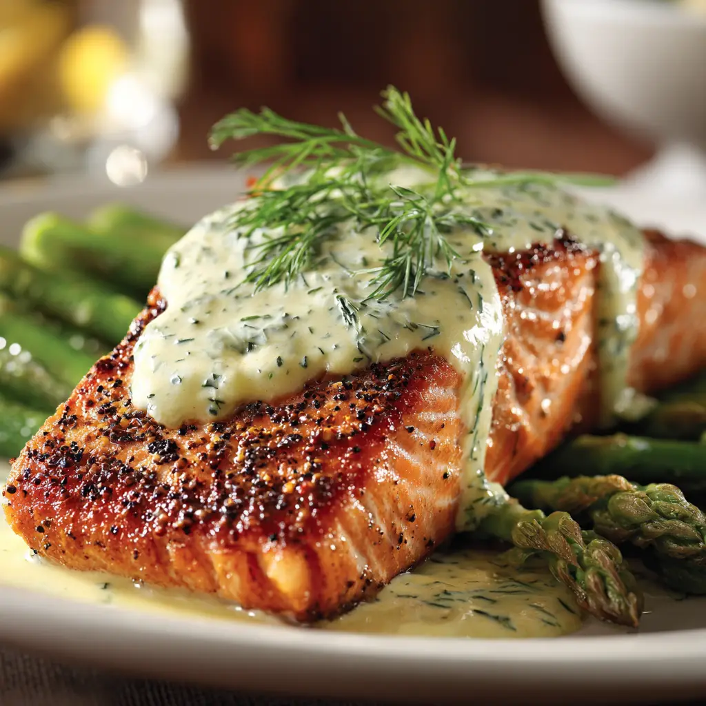 Multiple fillets of Marry Me Salmon simmering in a large skillet, ready to be served. The sauce is bubbling gently around the fish.