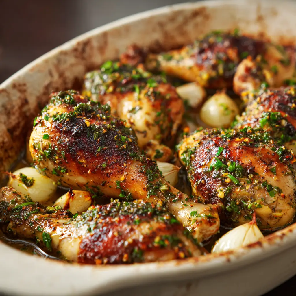 A roasting pan with Oven-Roasted French Garlic Chicken pieces and heads of sweet, caramelized garlic ready for serving.
