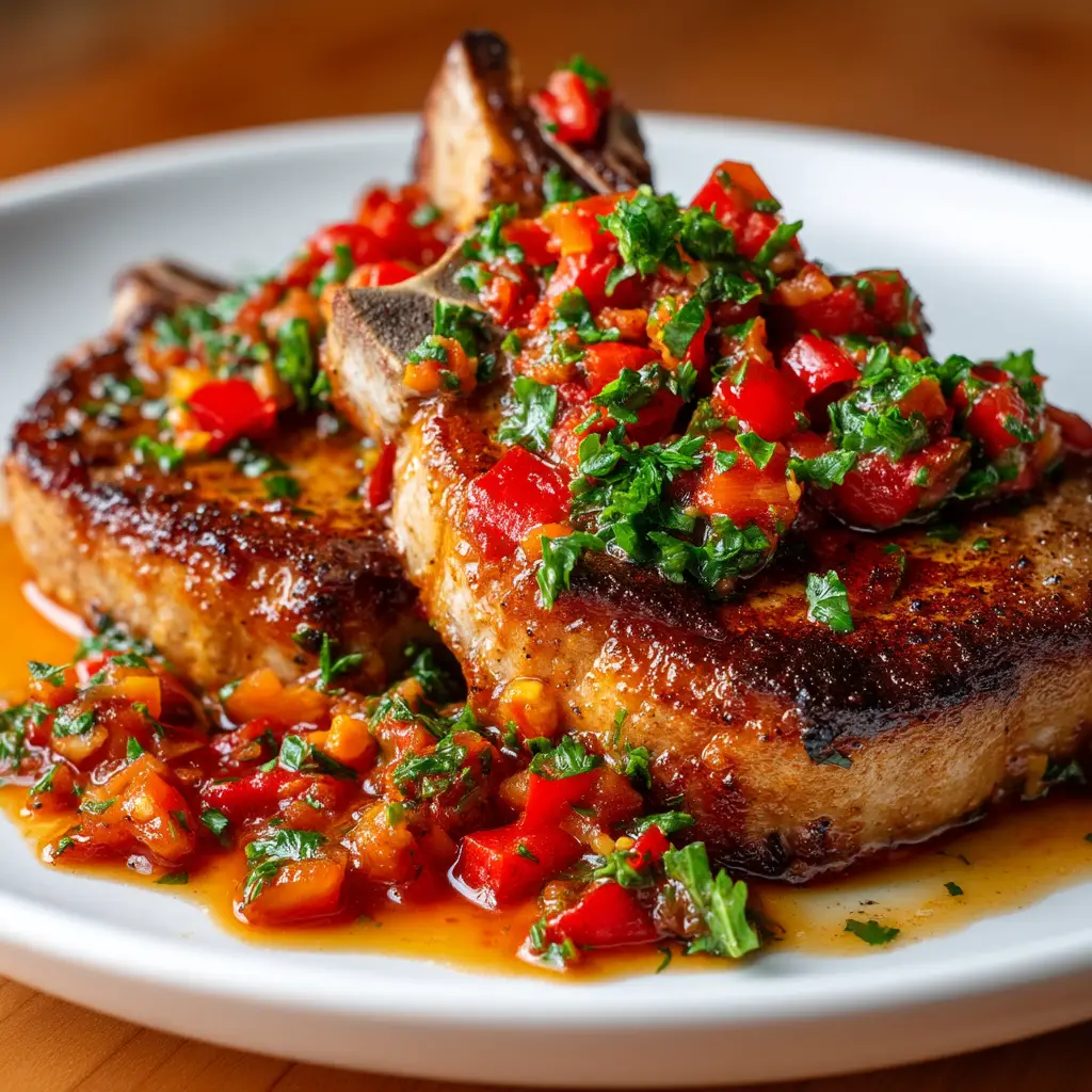 Sicilian Pork Chops: The Ultimate Recipe for Juicy, Flavorful Results 1 A cast iron skillet filled with Sicilian Pork Chops simmering in a rustic tomato, pepper, and onion sauce before serving.