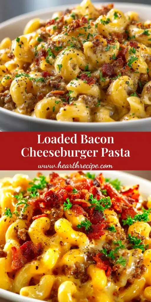 A delicious bowl of creamy Bacon Cheeseburger Pasta, garnished with fresh parsley. The perfect one-pot weeknight dinner recipe.