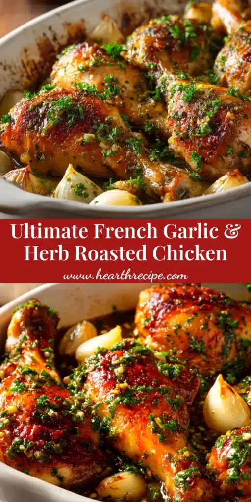 A beautiful platter of Oven-Roasted French Garlic Chicken, with golden crispy skin, surrounded by caramelized garlic heads and fresh herbs. The perfect easy and elegant dinner.