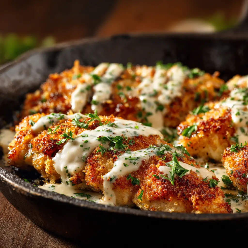 A pan-fried Parmesan crusted chicken breast topped with a melted Provolone and ranch topping, fresh from the broiler.