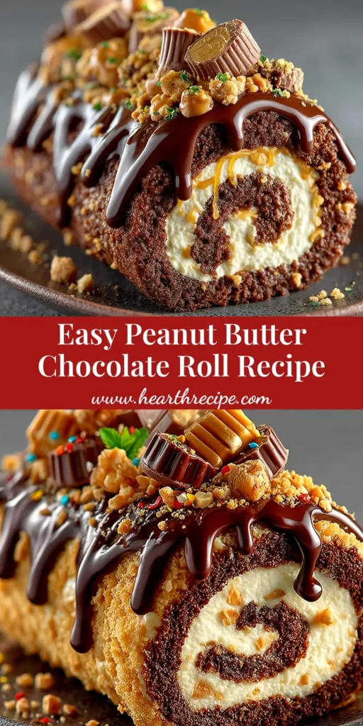 A beautiful slice of Peanut Butter Cup Chocolate Roll on a white plate, showing the perfect swirl of chocolate cake and peanut butter filling, topped with ganache.