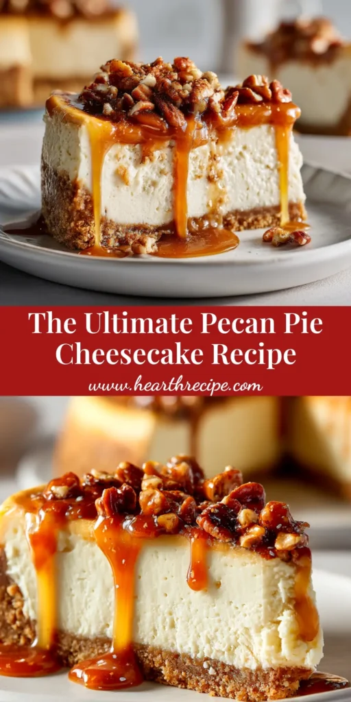 A slice of decadent pecan pie cheesecake on a white plate, showing the distinct layers of graham cracker crust, creamy cheesecake filling, and a gooey pecan pie topping.