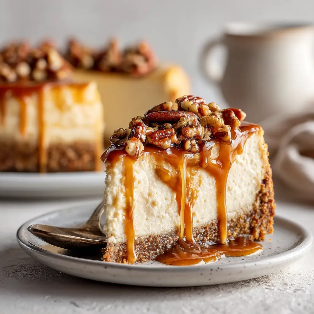 A close-up texture shot of the pecan pie topping being spread over the creamy cheesecake filling, showcasing the gooey caramel and toasted pecans.