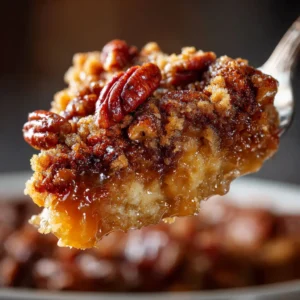 An extreme close-up shot of warm Pecan Pie Dump Cake in a baking dish, showing the bubbly, caramelized pecan filling beneath the golden cake topping.