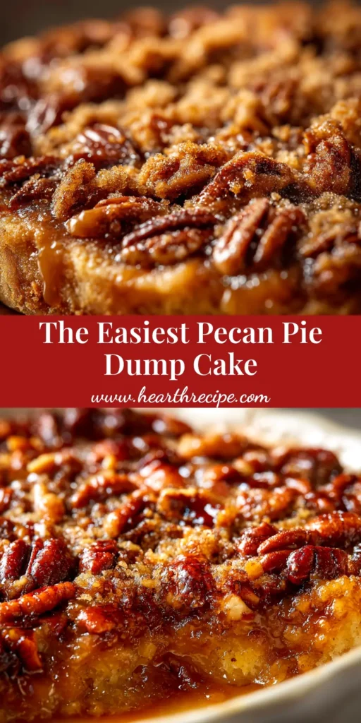 A slice of gooey Pecan Pie Dump Cake on a white plate, topped with a scoop of vanilla ice cream. The cake has a golden, crumbly topping and a rich pecan filling.