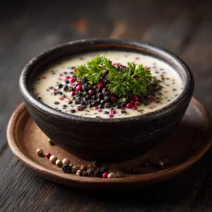 A close-up shot of creamy peppercorn sauce being drizzled over a perfectly cooked steak. The sauce has a smooth, velvety texture.