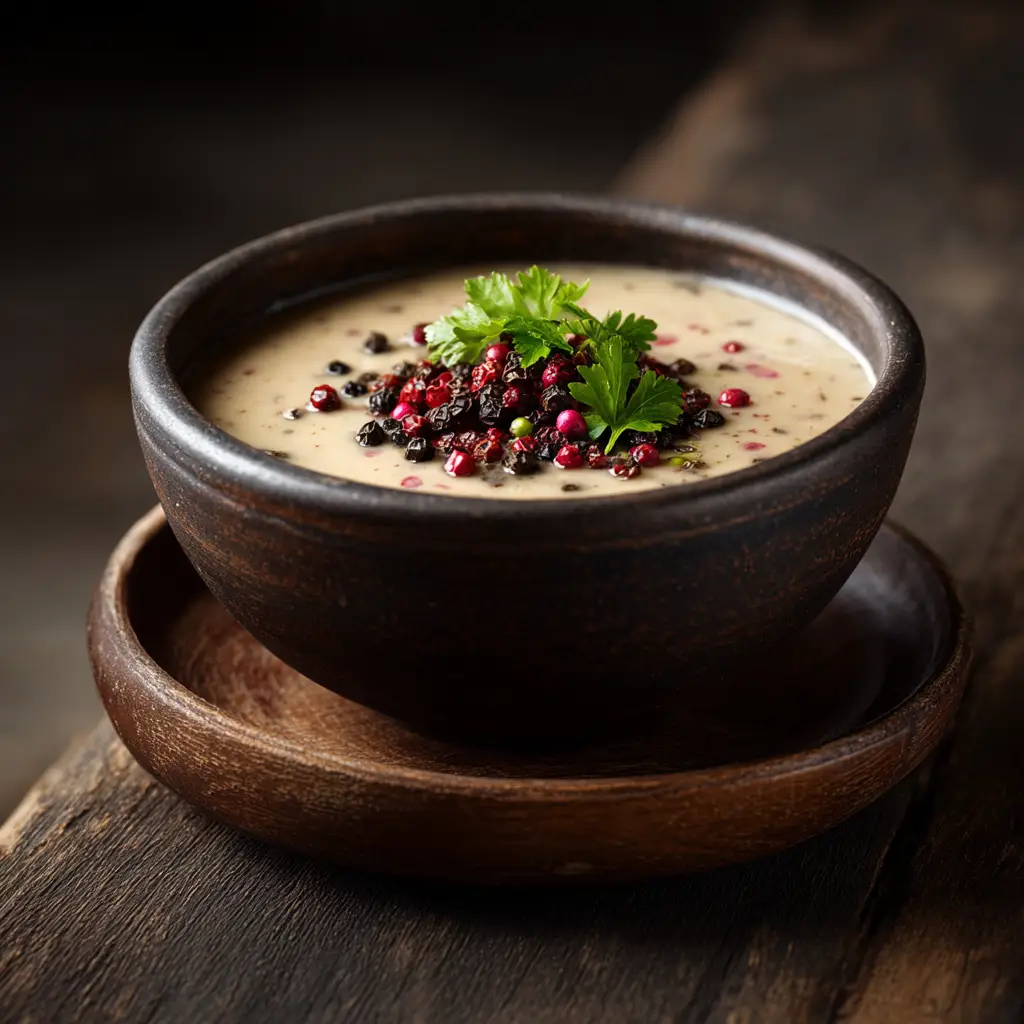 Ingredients for the peppercorn sauce recipe laid out on a dark surface, including whole peppercorns, cream, butter, and shallots.