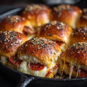 An extreme close-up of cheesy pull-apart pizza sliders, highlighting the layers of pepperoni and melted mozzarella cheese on Hawaiian rolls.