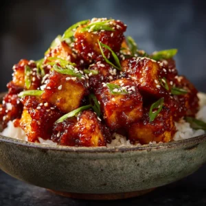 An extreme close-up of golden brown, crispy tofu cubes being tossed in a pan. The texture of the crispy tofu coating is highly detailed.