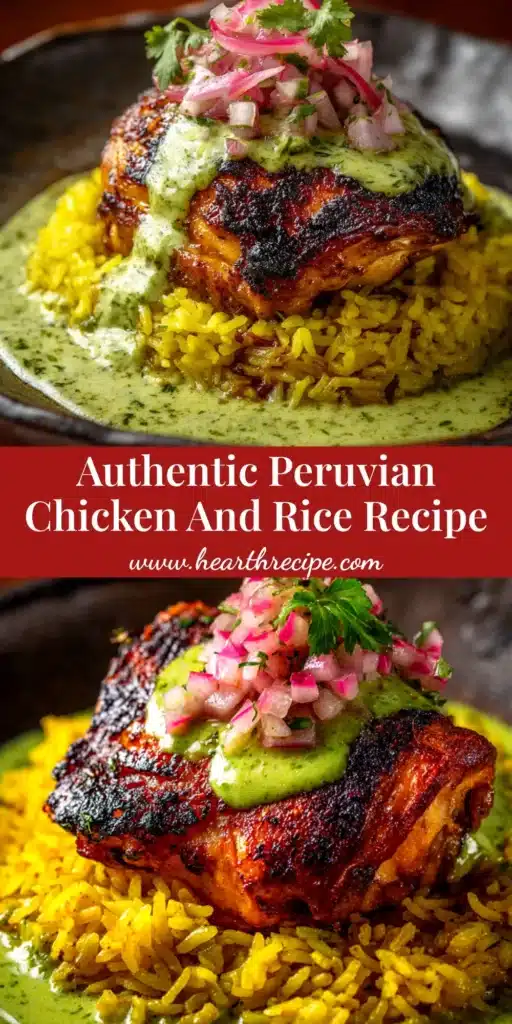 A top-down view of a skillet filled with authentic Peruvian Chicken and Rice, showcasing the vibrant green rice and golden-brown chicken thighs.