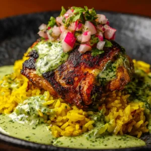 A close-up shot of a serving of Peruvian green rice with a juicy chicken thigh on a white plate.