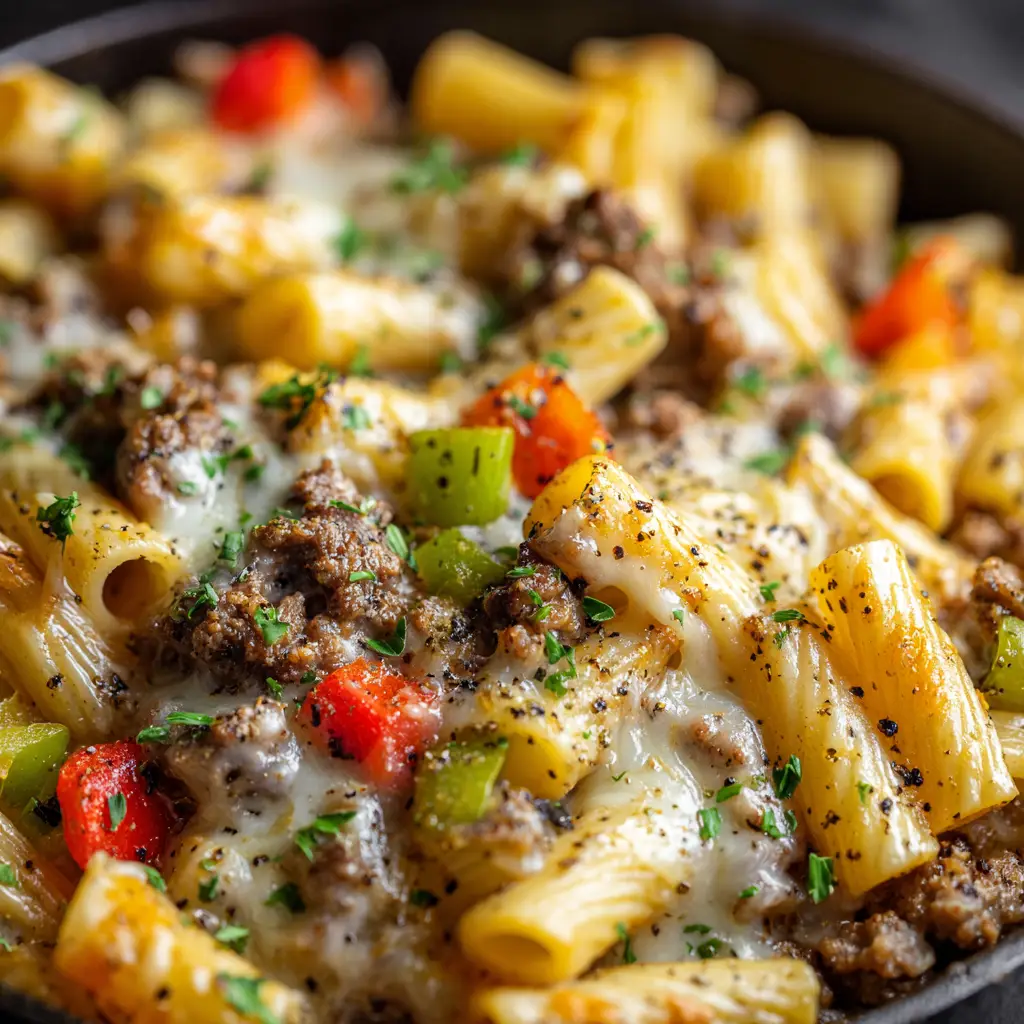 A fork lifting a bite of the steak and cheese pasta from a bowl, showcasing the tender beef and melted provolone cheese.