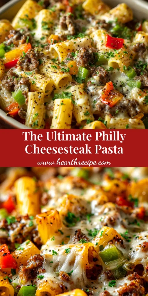 A large white bowl filled with creamy Philly Cheese Steak Pasta, showing tender steak, peppers, and melted cheese, ready to be pinned.
