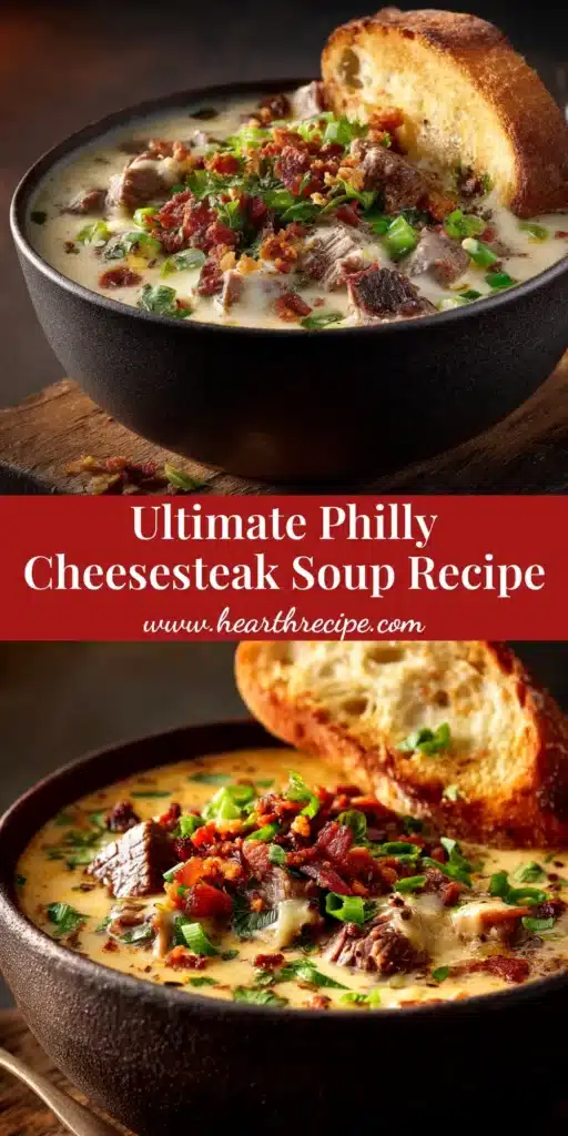 A vertical pin image of creamy Philly Cheesesteak Soup in a bowl, topped with melted provolone cheese and toasted bread. The text overlay reads 'The Ultimate Philly Cheesesteak Soup Recipe'.