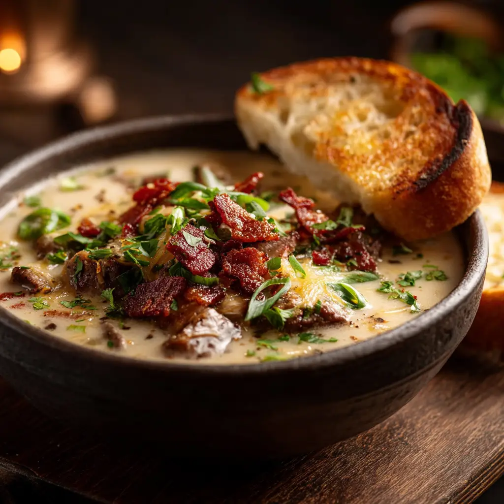 An overhead view of two bowls of Philly cheesesteak soup ready to be served, topped with perfectly melted provolone cheese.