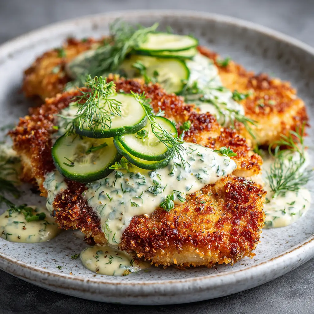 A sliced piece of pickle-brined crispy chicken, revealing the juicy white meat inside the crunchy crust.
