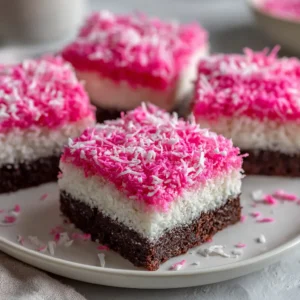 A single Pink Coconut Snowball Cake Bar on a white plate, showing the layers of moist vanilla cake and creamy marshmallow frosting under the pink coconut.