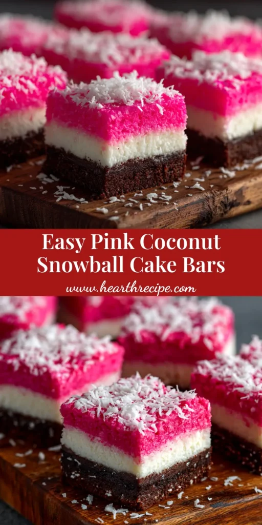 A stack of vibrant Pink Coconut Snowball Cake Bars on a white plate, showing the fluffy marshmallow and coconut topping.