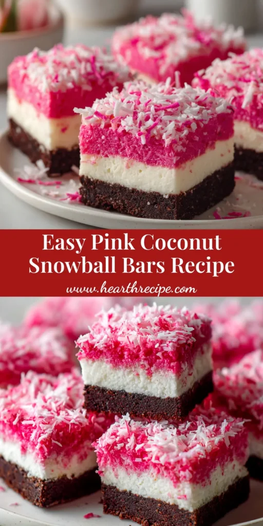 A close-up overhead shot of Pink Coconut Snowball Cake Bars arranged on a platter, showcasing the fluffy pink coconut topping and marshmallow frosting.