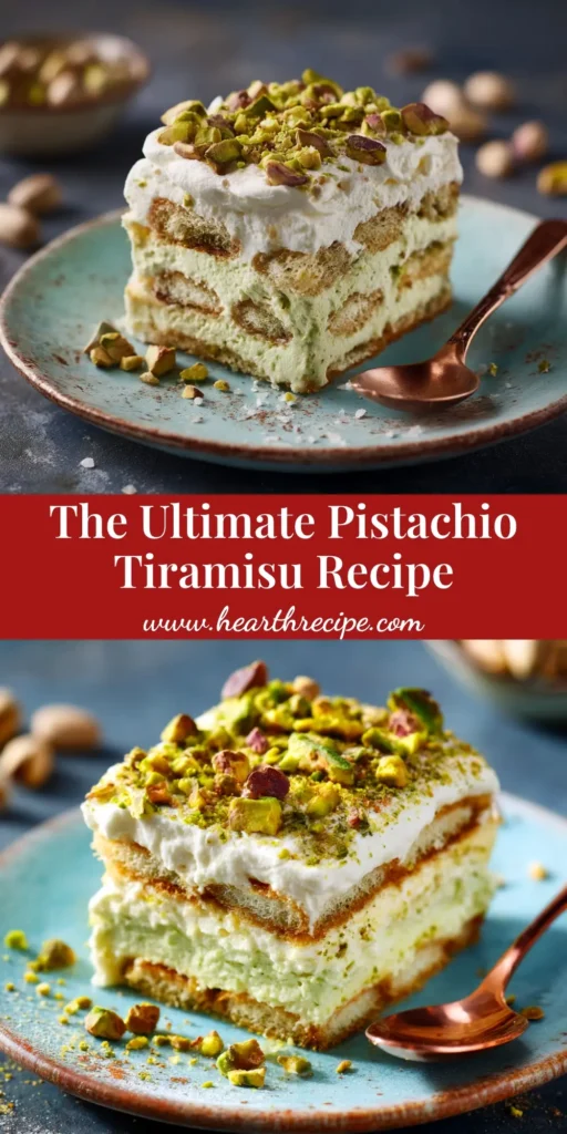 A beautiful slice of pistachio tiramisu on a plate, showcasing its creamy layers. This image represents the finished pistachio tiramisu recipe.