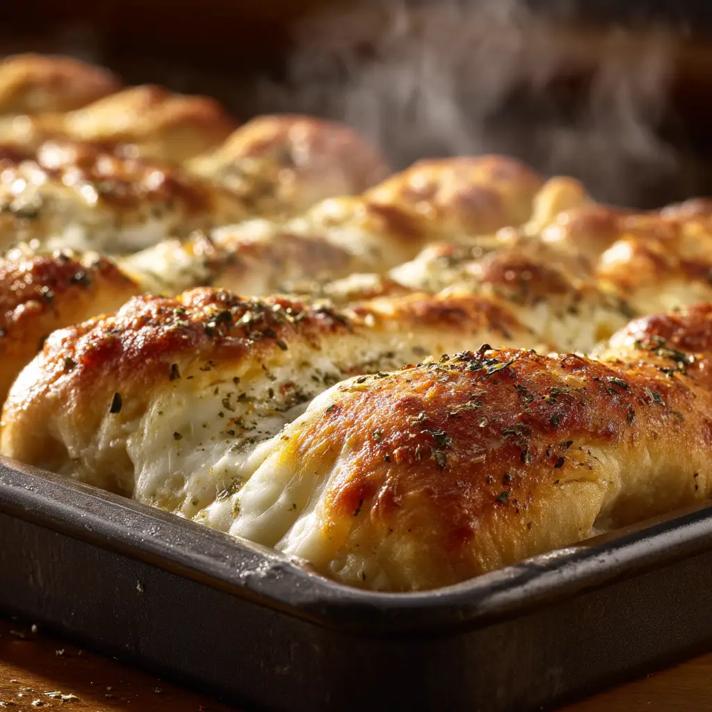 A pan of pizza dough breadsticks topped with a thick layer of shredded mozzarella and parmesan cheese before baking.