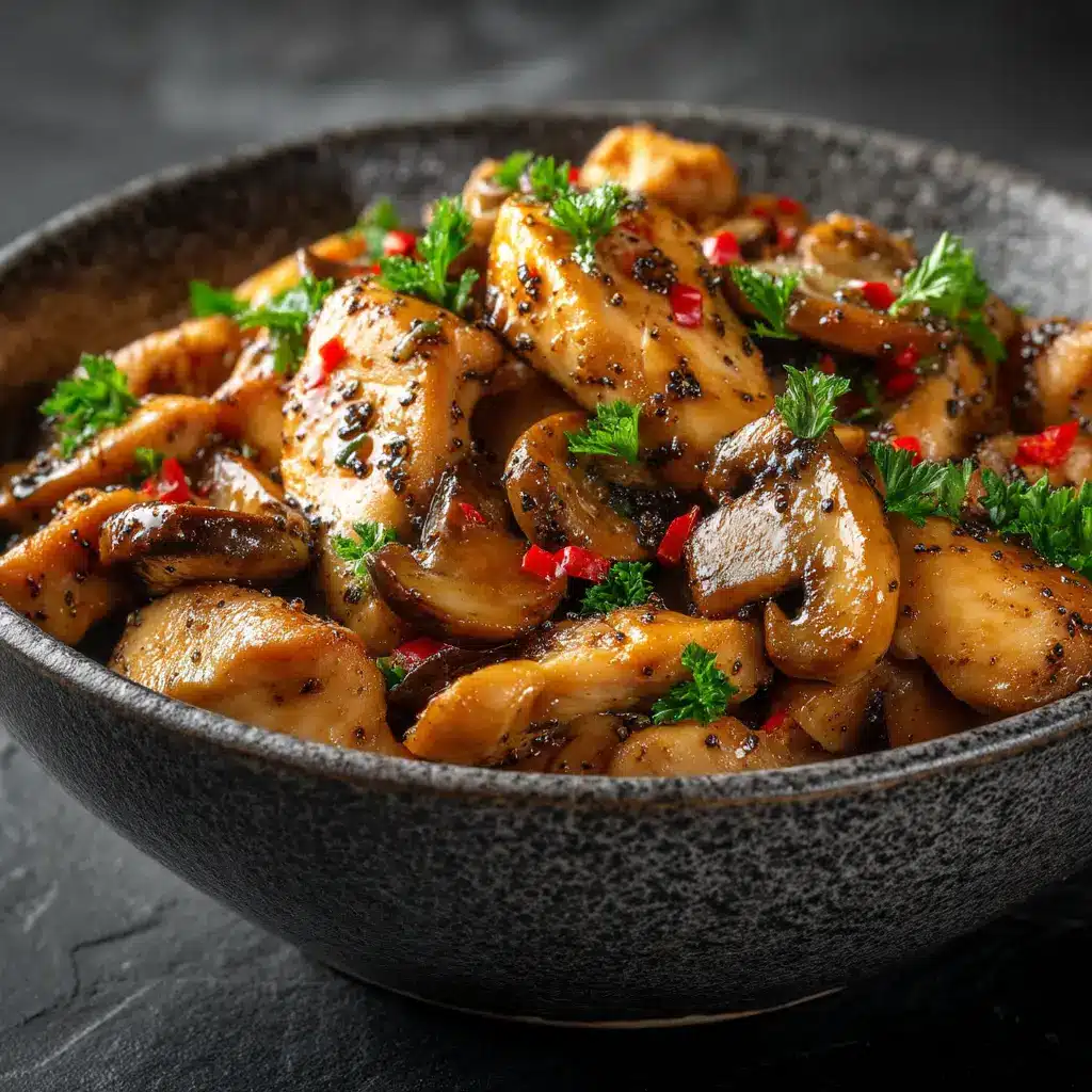 Black Pepper Chicken (Better Than Takeout!) 1 A beautiful plated serving of the finished Black Pepper Chicken, garnished with fresh greens and served over a bed of fluffy white rice.