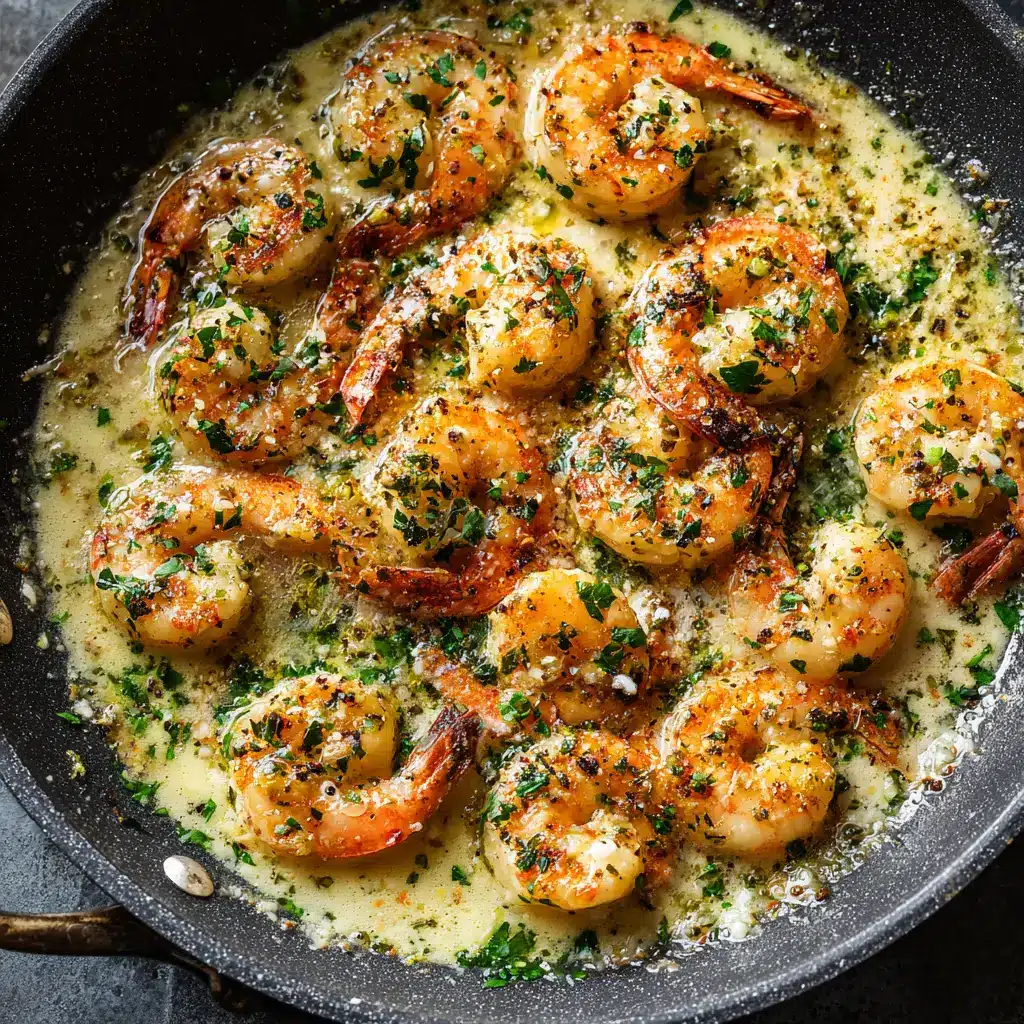 A beautiful final plated shot of the coconut garlic shrimp served over rice, garnished with fresh cilantro and a lime wedge.