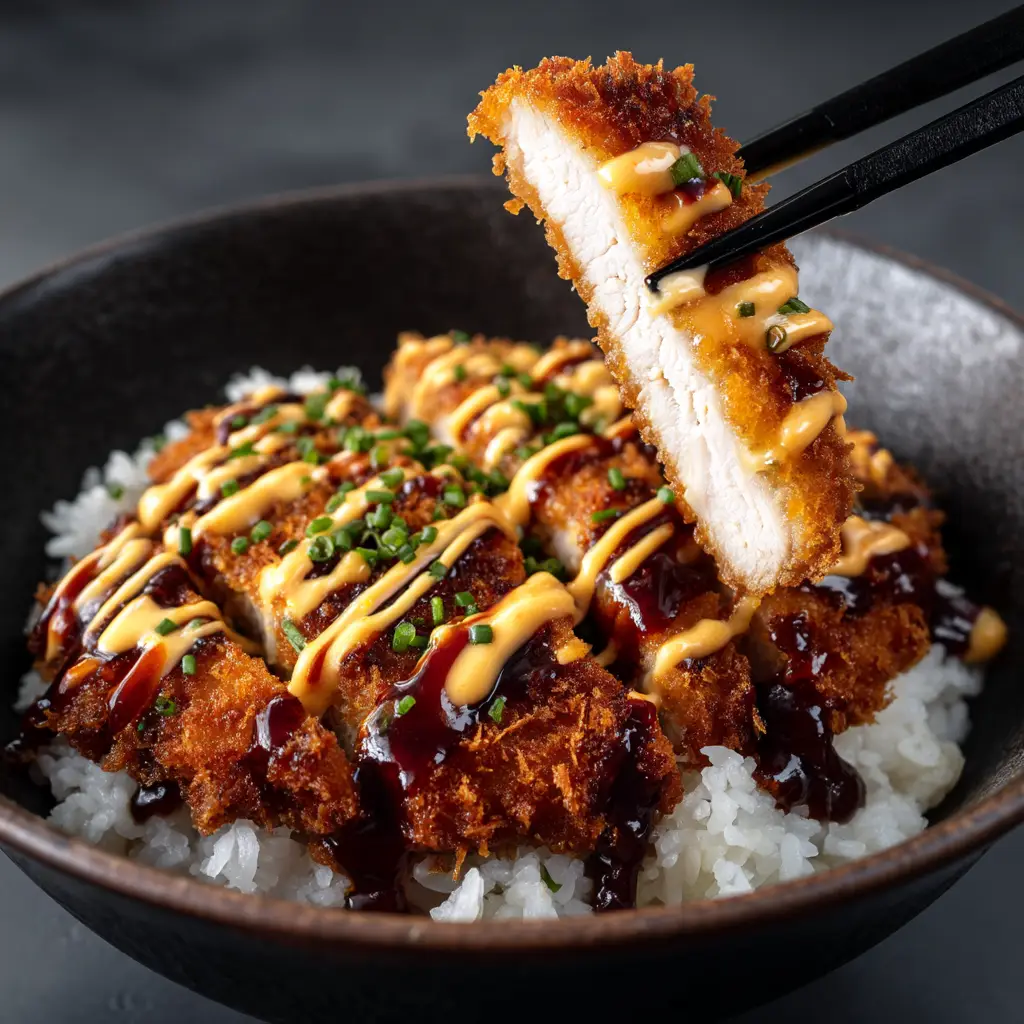 A Japanese Katsu Bowl being assembled, with tangy tonkatsu sauce being drizzled over the sliced pork cutlet and rice.