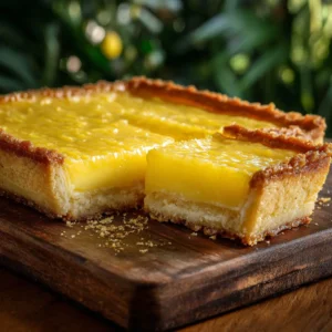 The thin, liquidy batter for the lemon custard cake being poured into a square baking pan. This shows a key step in the recipe process.