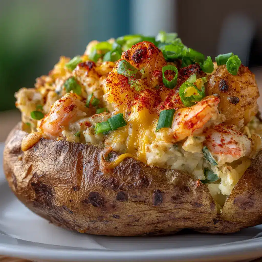 A pair of Cajun Seafood Stuffed Potatoes on a baking sheet just before going into the oven for the second bake.