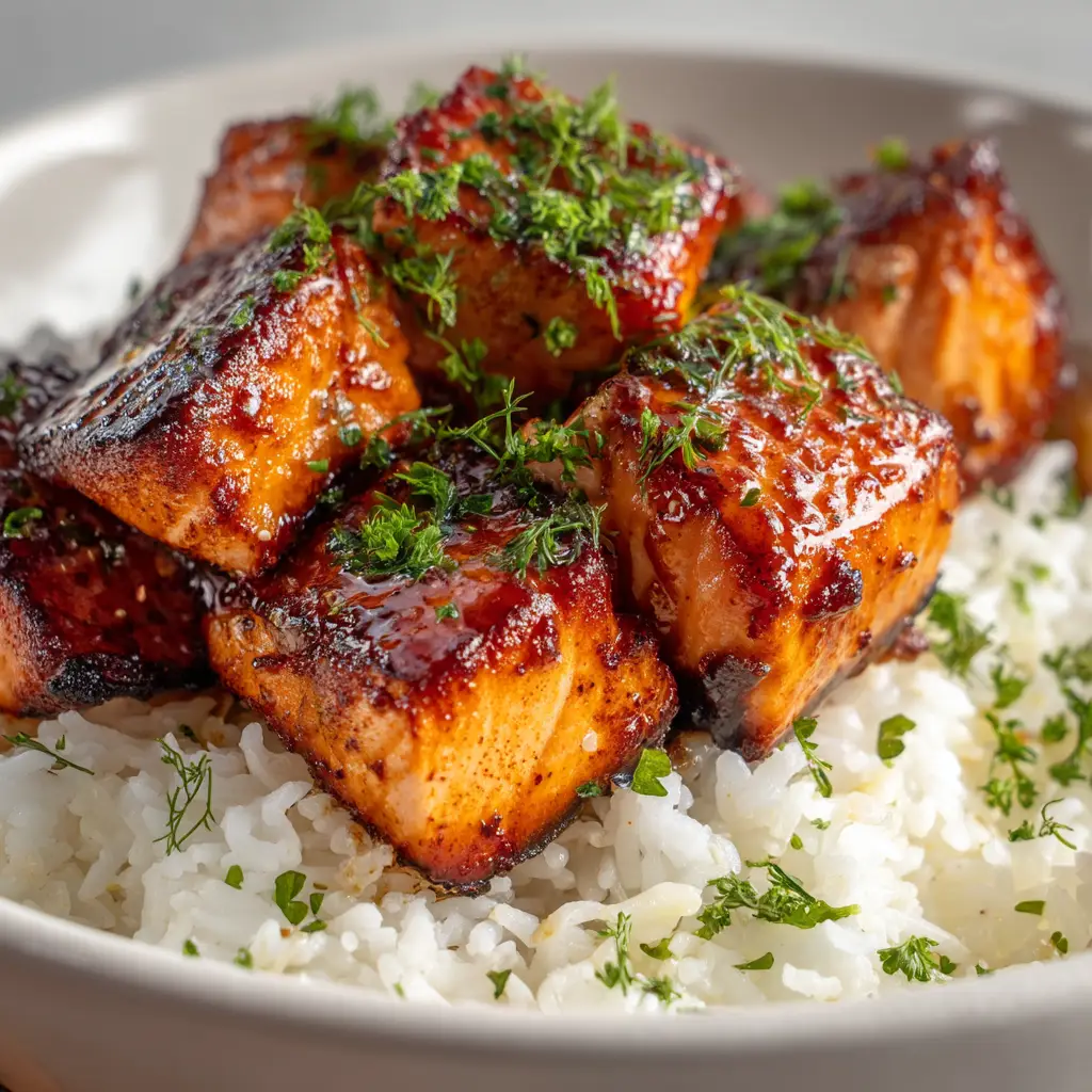 The one-pan Mediterranean Salmon Lemon Rice being prepared in a skillet before baking, with salmon fillets nestled in the rice.