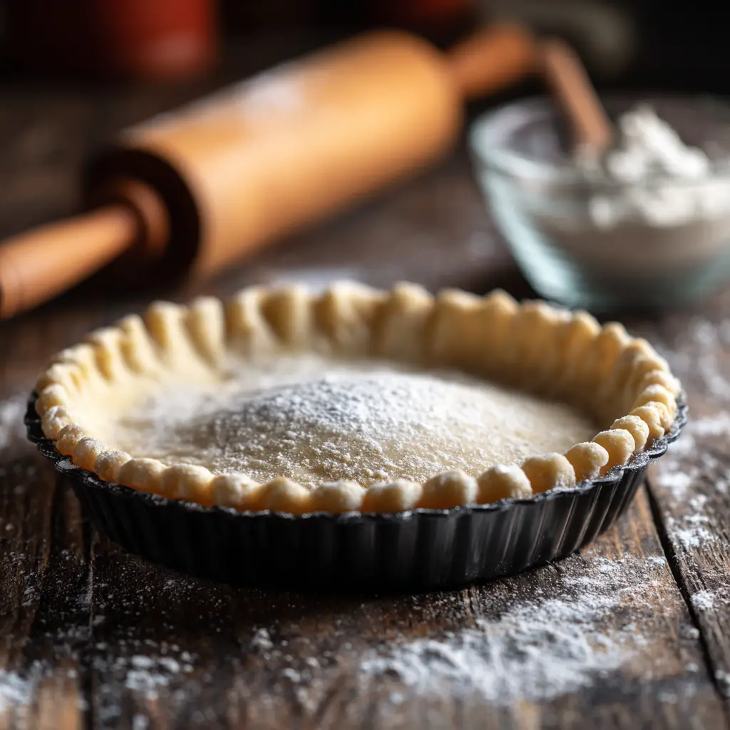 A close-up of pie crust dough being prepared, with pieces of cold butter being cut into the flour mixture in a bowl.