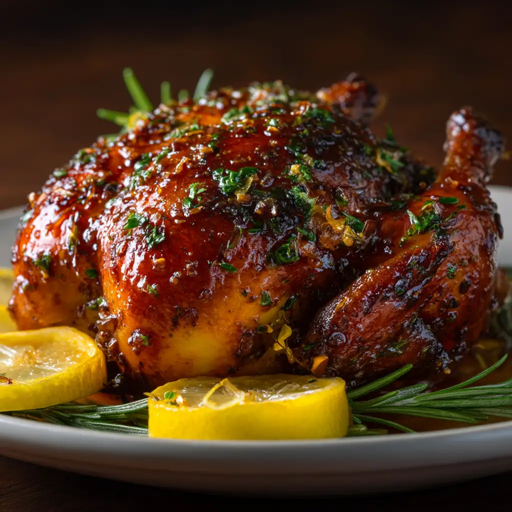 A chef preparing a Cornish hen for roasting, rubbing it with a garlic and herb butter mixture.