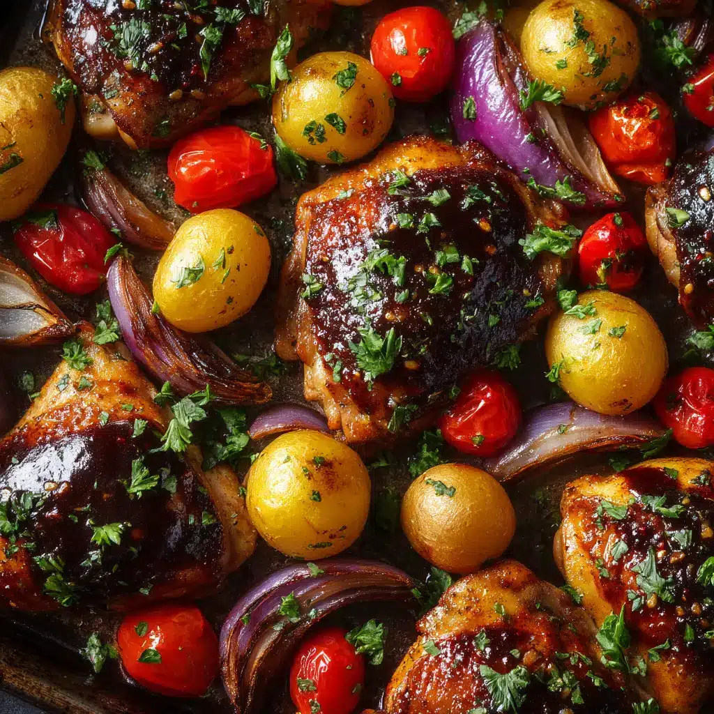 Raw chicken and chopped vegetables tossed in a balsamic glaze on a sheet pan, ready to be roasted in the oven.