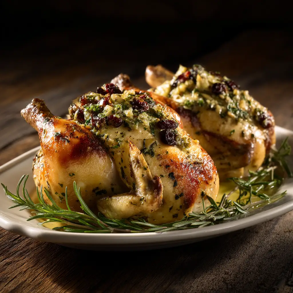 A stuffed Cornish game hen being prepared for roasting in a pan, with its legs trussed with kitchen twine.