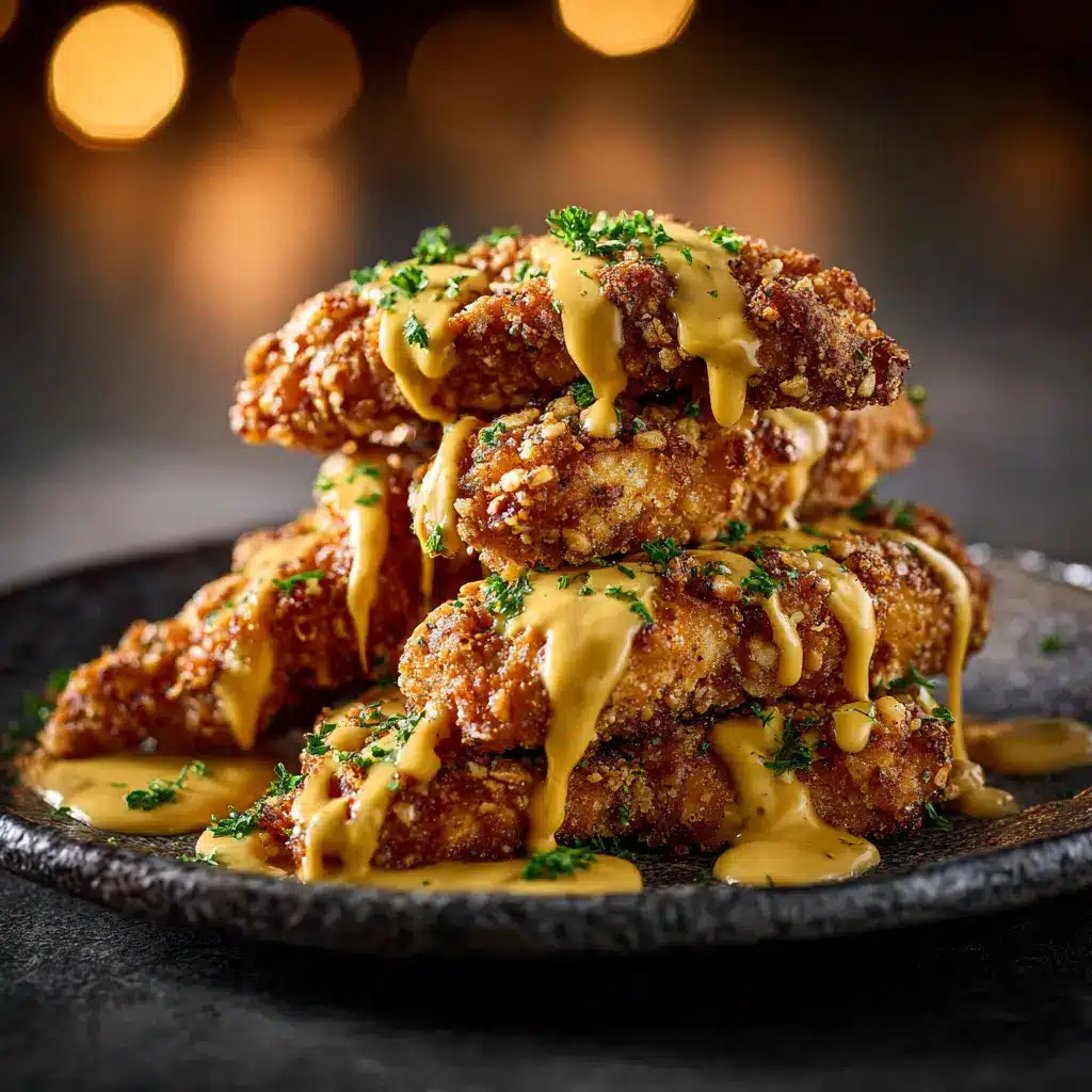 A piece of pretzel chicken being dipped into a small bowl of creamy honey mustard sauce.