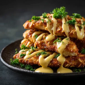 A close-up shot of pretzel crusted chicken, showing the crunchy texture of the golden-brown pretzel coating.