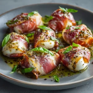 A close-up overhead shot of perfectly cooked prosciutto wrapped mozzarella balls arranged on a rustic wooden board.