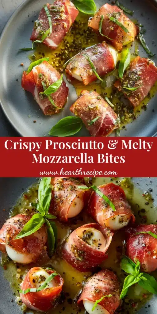 A platter of golden-brown Prosciutto Wrapped Mozzarella bites, drizzled with balsamic glaze and garnished with fresh basil. A simple, elegant appetizer.