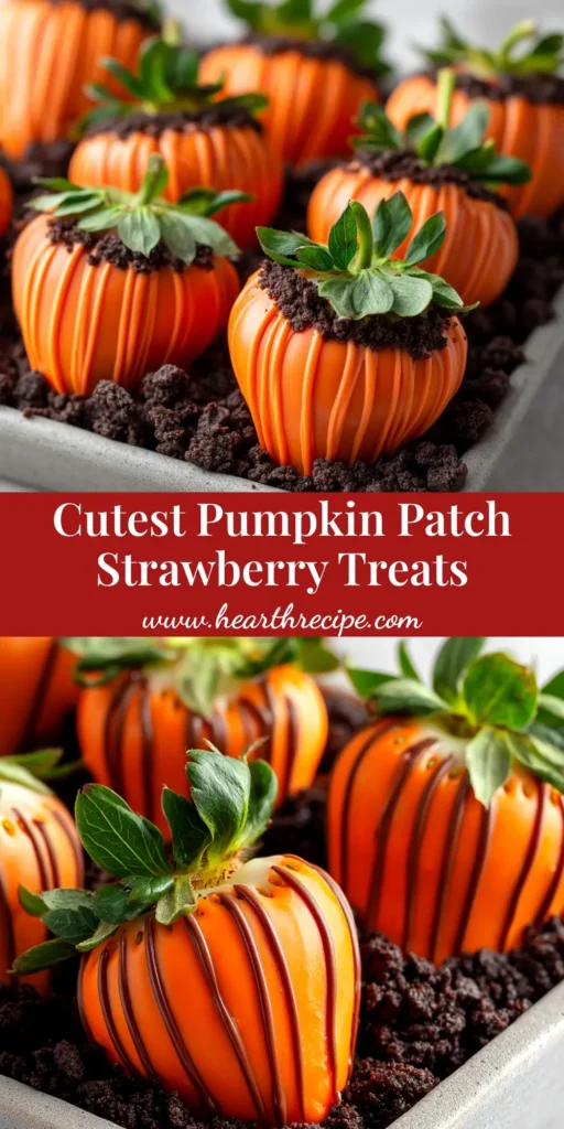 Pumpkin Patch Strawberries (The Cutest Halloween Treat!) 4 A close-up of beautifully decorated Pumpkin Patch Strawberries arranged on a platter, ready for a Halloween party. The strawberries are dipped in orange chocolate to look like pumpkins.