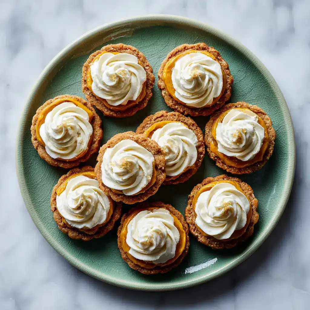 A close-up of a single pumpkin thumbprint cookie showcasing the creamy filling and soft texture of the cookie.