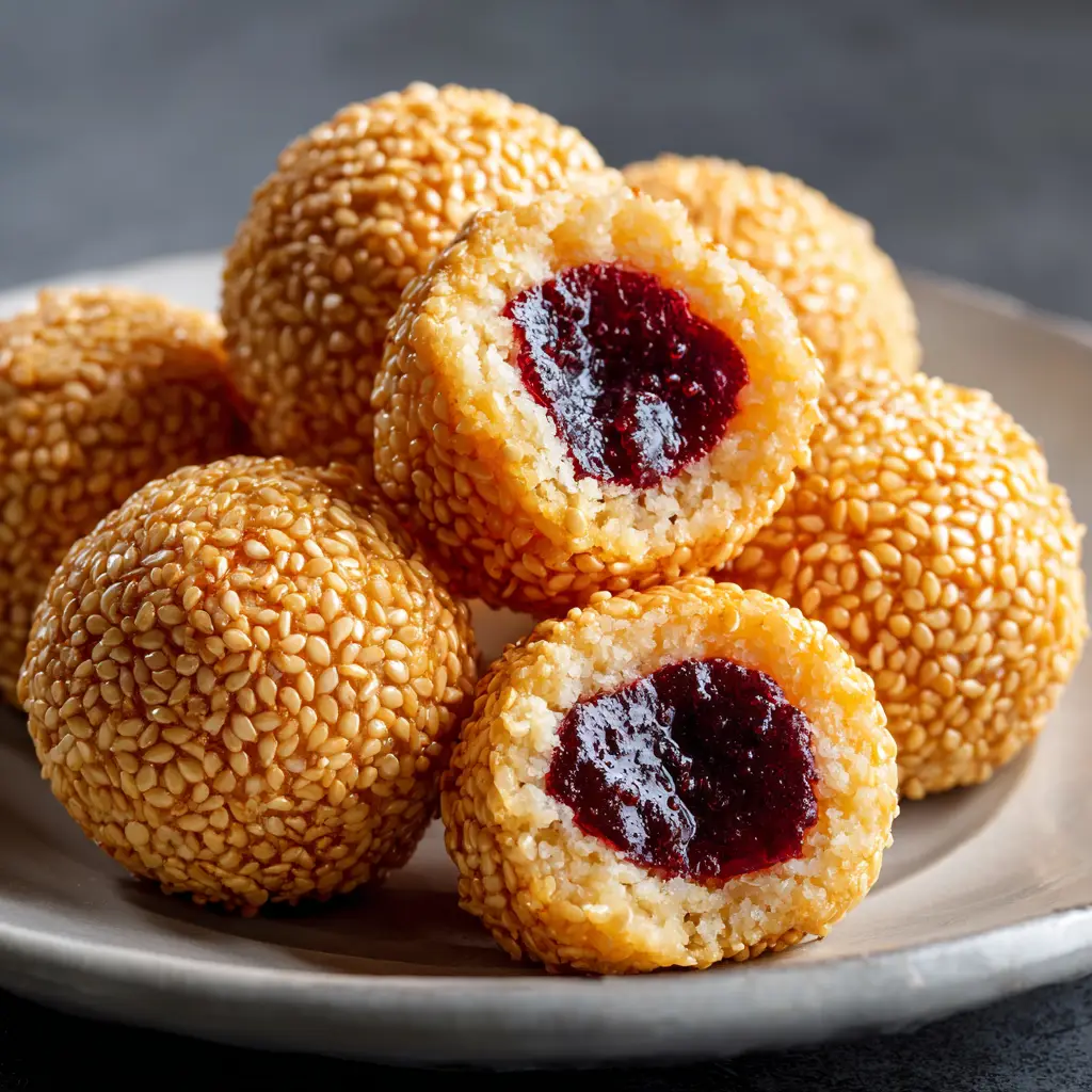 A close-up of a sesame ball broken open to show the rich, dark homemade red bean paste filling inside.