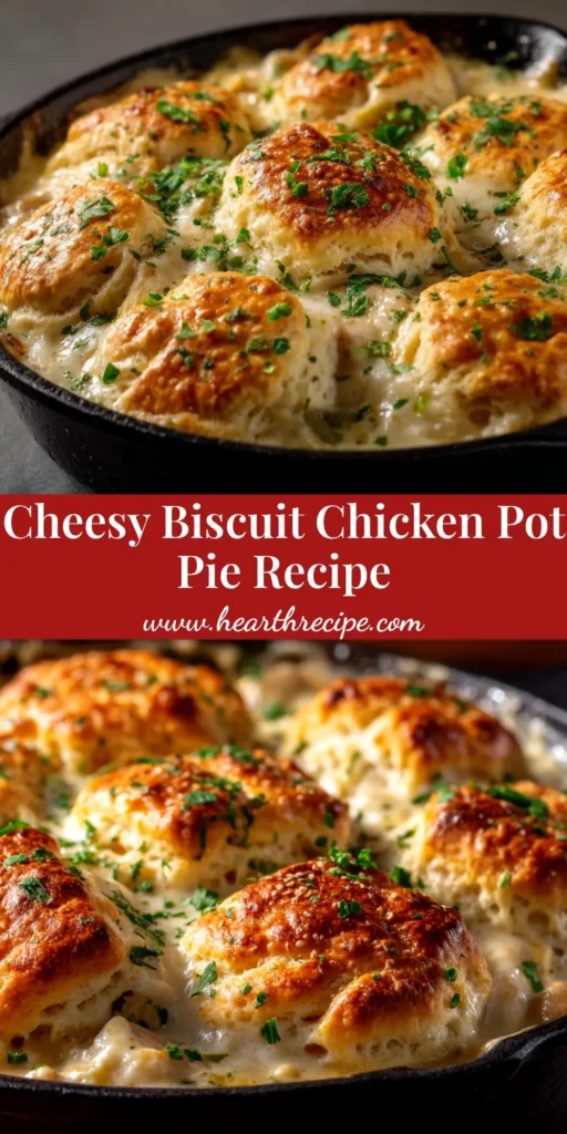 Red Lobster Biscuit Chicken Pot Pie: The Ultimate Comfort Meal 4 An overhead shot of a Red Lobster Biscuit Chicken Pot Pie in a cast iron skillet, with golden brown cheddar biscuits on top and creamy filling peeking through.